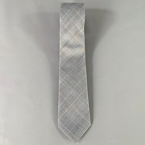 BLACK FLEECE Grey White Plaid Wool Skinny Tie - Picture 2 of 4